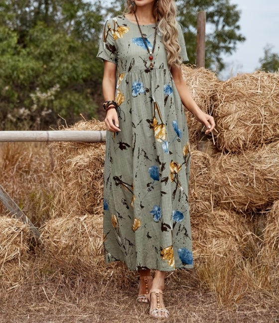 Printed Short-Sleeve Long Dress