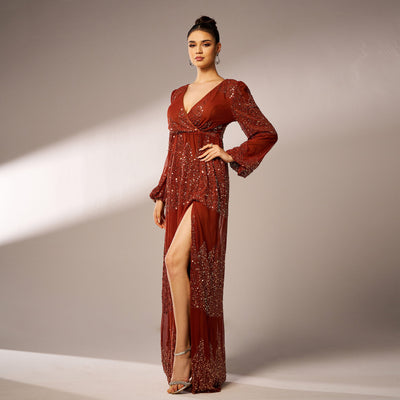 Long Sleeve V-neck Sequined Evening Dress