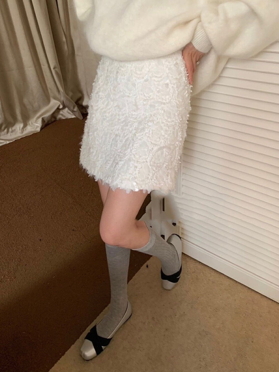 White Sequined High Waist Skirt