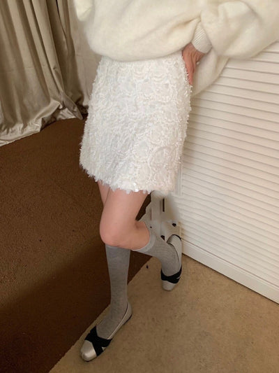 White Sequined High Waist Skirt