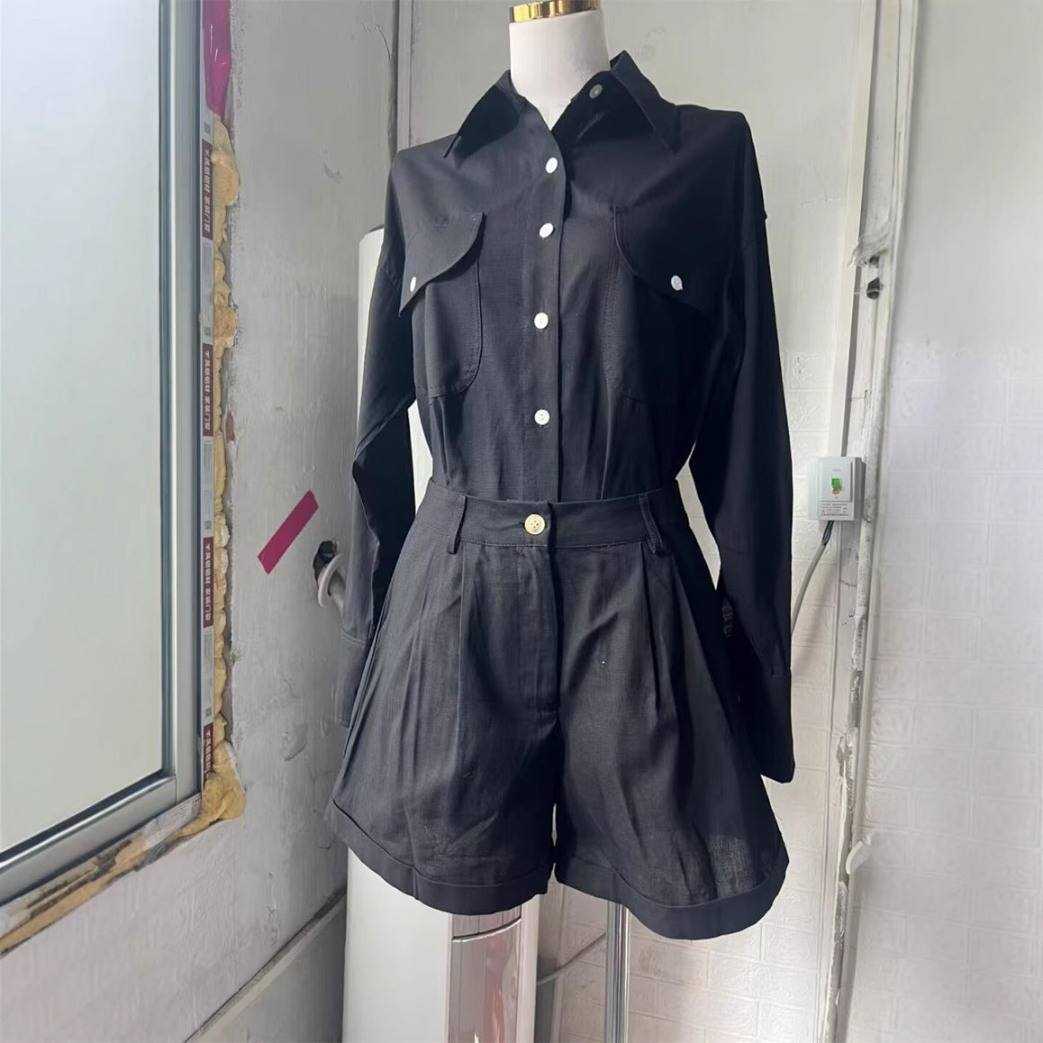 Loose Long Sleeve Cotton Linen High Waist Shorts Suit