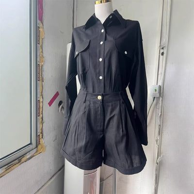 Loose Long Sleeve Cotton Linen High Waist Shorts Suit