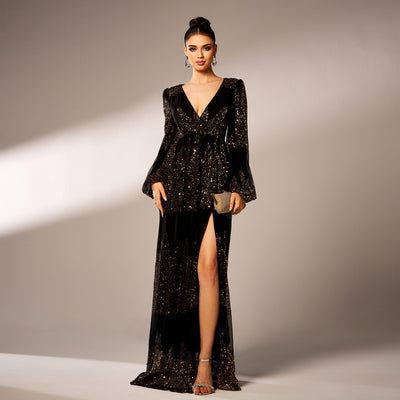 Long Sleeve V-neck Sequined Evening Dress