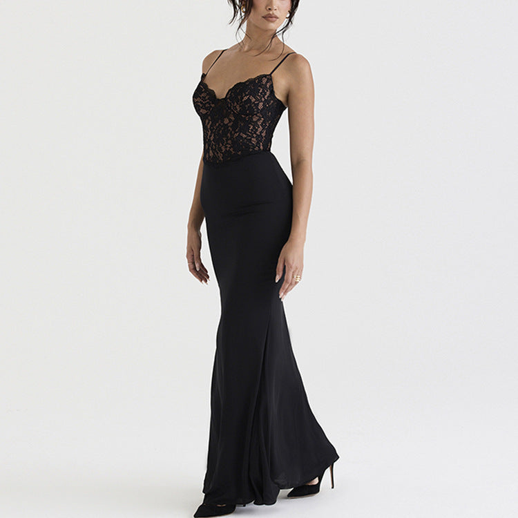 Lace High Waist Long Dress - Deep V Strap Fishtail Gown
