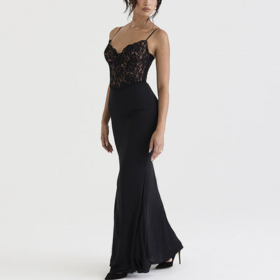 Lace High Waist Long Dress - Deep V Strap Fishtail Gown