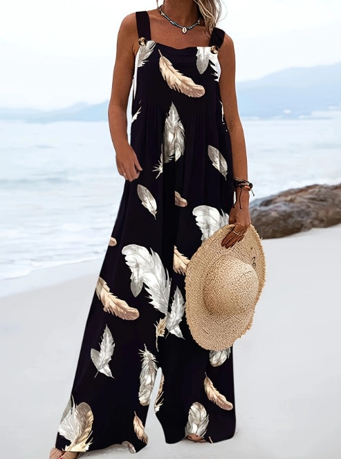 Feather Print Casual Jumpsuit